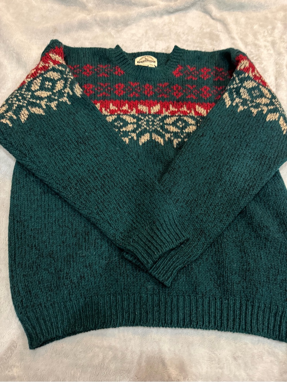 Eddie Bauer Teal Fair Isle Crewneck Sweater with Red and Cream Accents